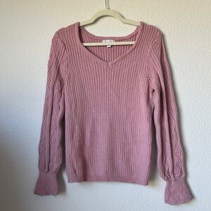 Soft Mauve Knit Sweater by Olivia Sky | Size Large | Ribbed V-Neck Sweater